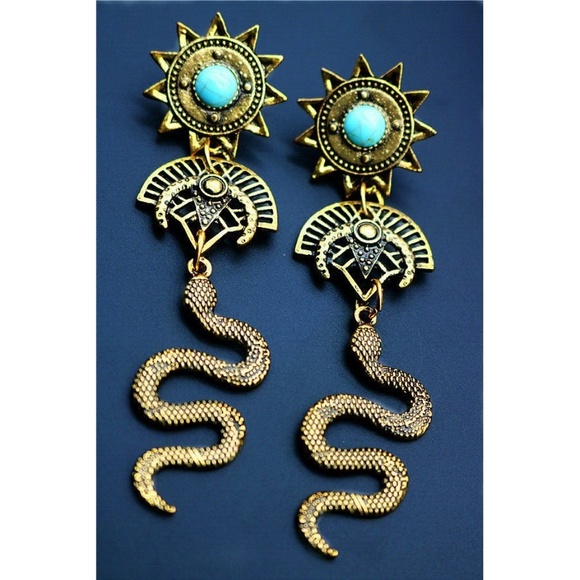 Lirrio's Closet Jewelry - Gold Turquoise Sun Egyptian Snake Earrings NWT